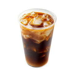 Iced coffee served in a clear cup, showcasing refreshing dark brew with ice cubes at a café during the warm afternoon, transparency background
