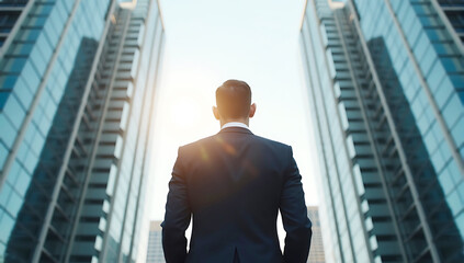 Fototapeta premium Back of businessman in suit with business office glass modern buildings background, towering skyscrapers, reflective surfaces, corporate architecture
