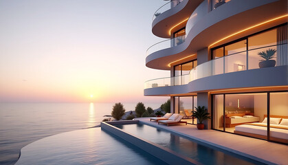Fototapeta premium glass balconies on a brand-new apartment complex. Luxury oceanfront apartment building, floor-to-ceiling windows, curved glass balconies, sunset over calm sea