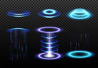 Various energy portal effects are displayed. Each effect shows different shapes and patterns.