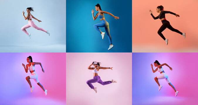 Athletic models in stylish activewear are captured mid-jump against colorful backdrops. Each model demonstrates energy and form, highlighting the versatility of modern fitness clothing.