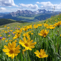 Obraz premium Bright yellow blossoms against majestic mountain backdrop photos