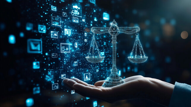 A person in a professional setting displays a balance scale, symbolizing justice, while digital icons float around, indicating the fusion of law and technology in contemporary practice.