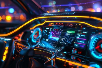 Futuristic car dashboard showing gps navigation and infotainment system while driving at night in the city