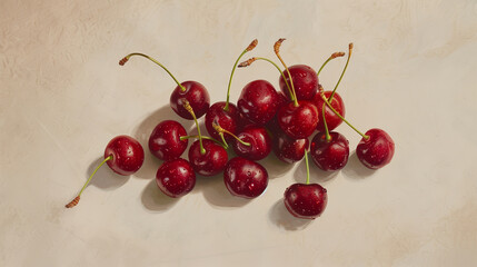 Ripe Cherries with Stems on Light Background