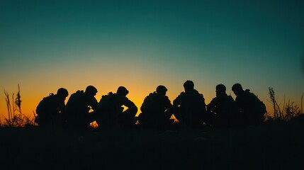 Fototapeta premium A group of soldiers in silhouette, huddled together as they strategize under a twilight sky,