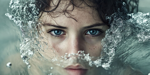 Mesmerizing gaze of a woman in water with splashes capturing emotions