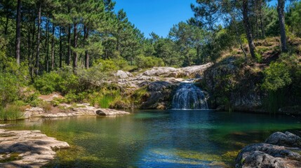 Obraz premium Serene Waterfall and Pool in Lush Forest