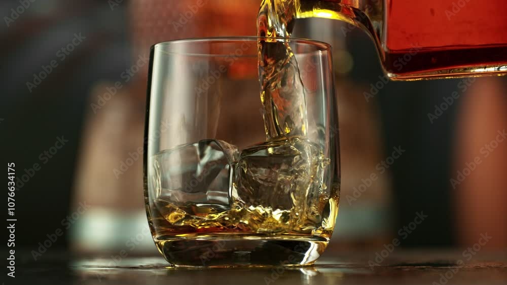 Poster super slow motion of pouring whiskey into glass. filmed on high speed cinema camera, 1000 fps. camer