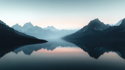 A mountain landscape at dusk, with the silhouettes of peaks reflected in a still alpine lake.