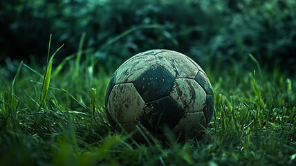 A worn soccer ball resting on grass in a serene outdoor setting during late afternoon
