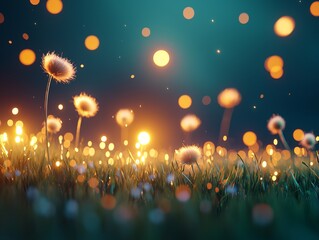 Enchanting scene of glowing dandelions in a twilight meadow.