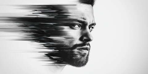 Dynamic digital art of a man's face blending into abstract lines