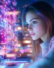 Innovative Young Woman Engaged in Digital Work at Futuristic Interface Display