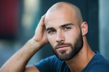 Handsome bald man with beard touching his head