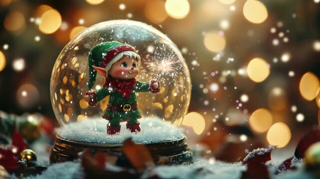 A charming little elf stands inside a snow globe amidst snowflakes, surrounded by warm, blurred festive lights, capturing a magical and whimsical holiday spirit.