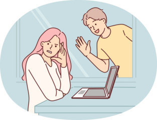 Woman ignores annoying man stalker who wants to start romantic relationship. Disgruntled girl turns away when she sees stalker or ex-boyfriend waving to friend and inviting on date.