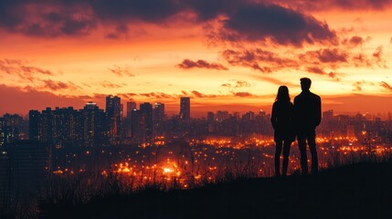 Fototapeta premium A side view silhouette of a couple standing on a hilltop, gazing at a city skyline during sunset, the urban landscape