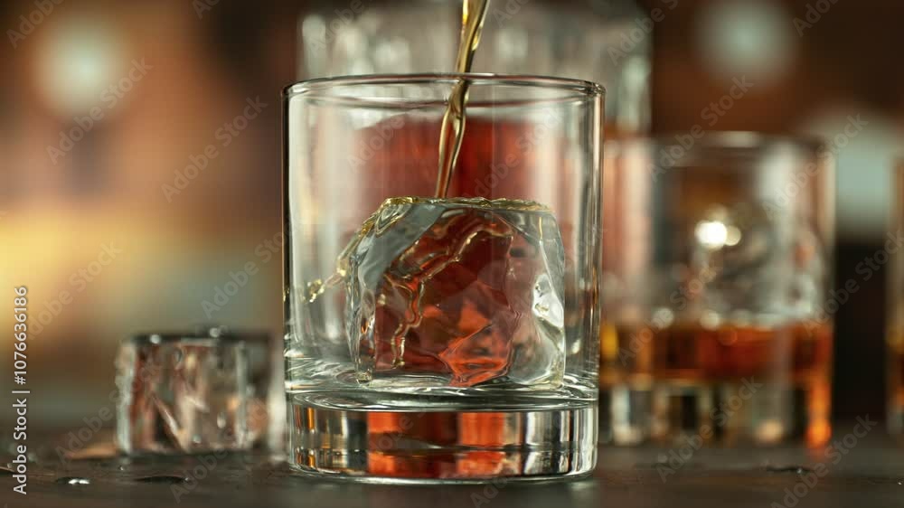 Poster super slow motion of pouring whiskey into glass. filmed on high speed cinema camera, 1000 fps. camer
