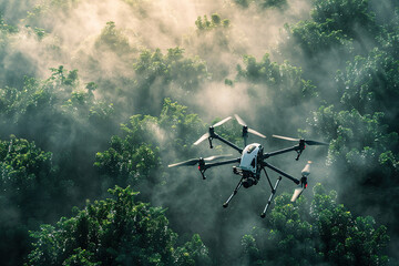 Fototapeta premium Drone flying in the sky over nature during observation