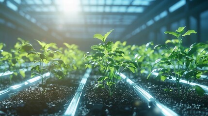 Futuristic Greenhouse with Genetically Engineered High Growth Disease Resistant Plants Showcasing Agricultural Innovation