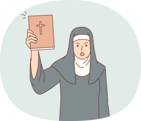 Woman nun from church shows holy bible in shock and swears because of violations of rules of conduct in christian temple. Evil catholic nun calls to avoid committing mortal sins or to repent