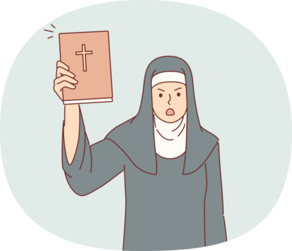 Woman nun from church shows holy bible in shock and swears because of violations of rules of conduct in christian temple. Evil catholic nun calls to avoid committing mortal sins or to repent