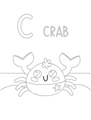Animal Alphabet Letter C crab. Trace and color crab for kindergarten and preschool. Vector illustration.