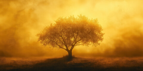 Majestic tree silhouette at sunset with golden sky and serene landscape