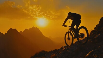 Fototapeta premium A striking silhouette of a cyclist riding along a mountain ridge, the sun setting behind, creating a golden halo effect around the figure,