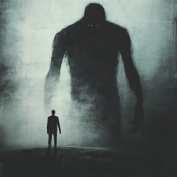 A man stands in front of a giant monster