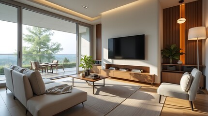 Home living room interior with beauty table, tv screen and panaromic window.