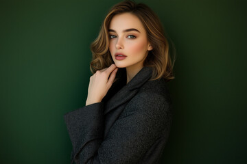 Fototapeta premium Sophisticated Winter Coat on Deep Green Background.