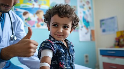 Obraz premium A young child sits on an examination table, looking at their arm with a bandage after receiving a vaccination. A doctor stands nearby,