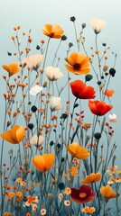 Obraz premium Colorful wildflowers blooming against a soft blue sky in a serene spring landscape