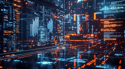 Naklejka premium Glowing Algorithms Powering High Speed Digital Trading Floor of Modern Finance