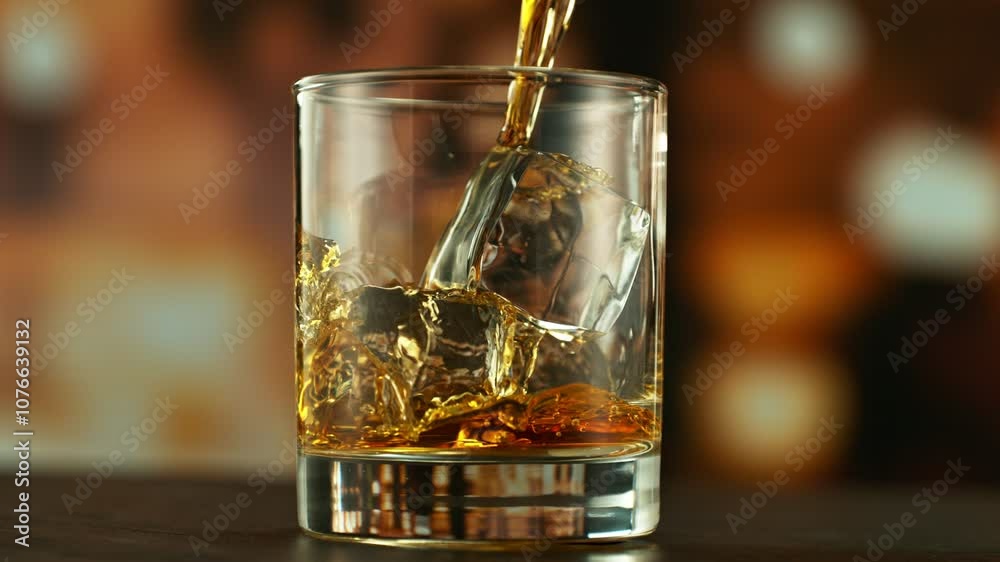 Poster super slow motion of pouring whiskey into glass. filmed on high speed cinema camera, 1000 fps. camer