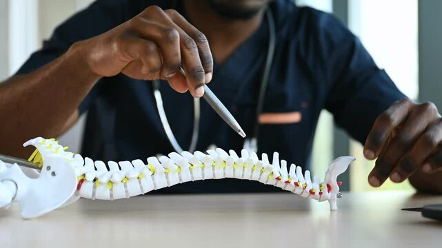 Table with human spine model on it. Professional doctor is in his office indoors.