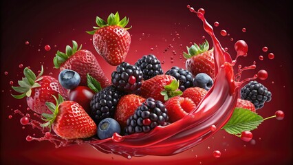 Fresh Ripe Strawberry Raspberry Blackberry Juice Blend Splash with Forest Fruits - Vibrant Red Berry Juice Mix for Delicious Refreshing Drinks