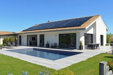 Fototapeta premium Modern eco friendly house with solar panels and a swimming pool in a serene natural setting