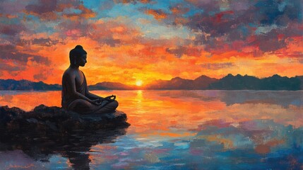 Obraz premium An inspiring silhouette of a reclining Buddha, set against a vibrant sunset over a calm lake. The tranquil water reflects the fiery colors of the sky