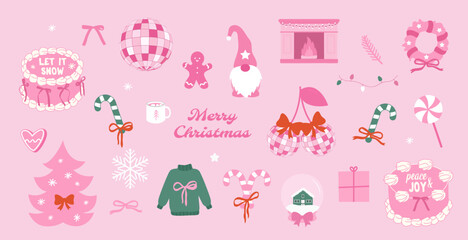 Christmas icons. Pink girly coquette aesthetic. Cute simple icons