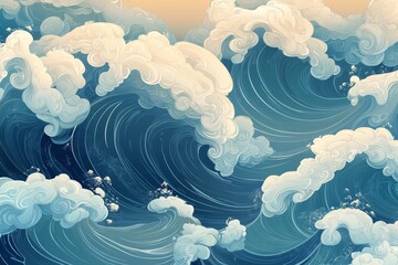 Vibrant waves crash under a dramatic sky with clouds and birds at dusk near the ocean