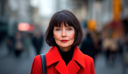 portrait of a French woman 50-70 years old with a bob haircut, background on a street in the city. senior model 60 years old, copy space