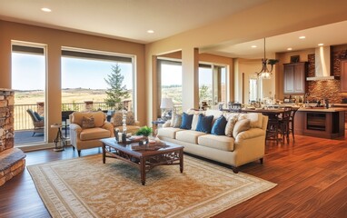 A large living room with a fireplace and a view of the mountains