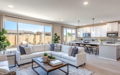 A large living room with a white couch and a coffee table