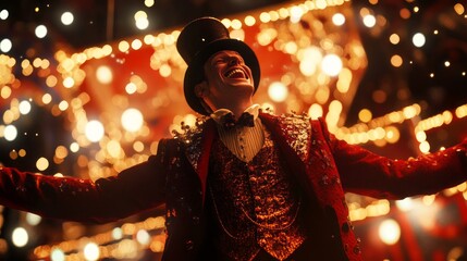A man in a red costume with a top hat and a black bow tie is smiling