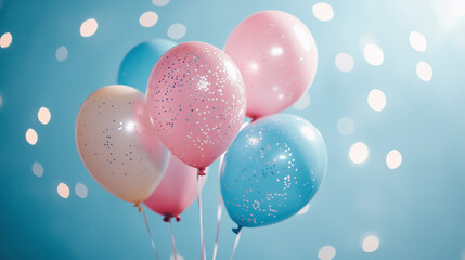 Colorful balloons float against a blue background, celebrating a joyful occasion with shimmering confetti in the air.