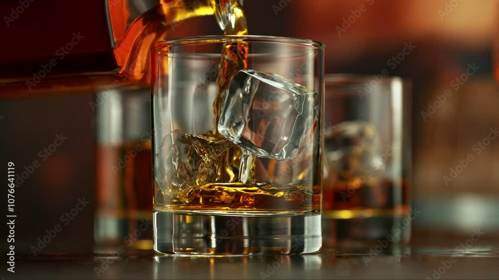 Poster super slow motion of pouring whiskey into glass. filmed on high speed cinema camera, 1000 fps. camer