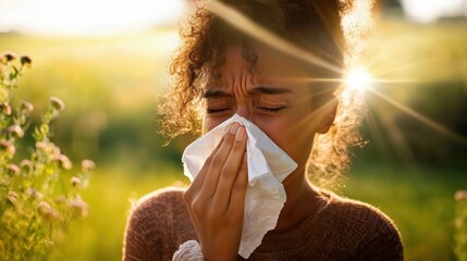 Young woman sneezing in a field, holding a tissue, likely experiencing seasonal allergies. Sunlight and flowers in the background add warmth and nature elements.